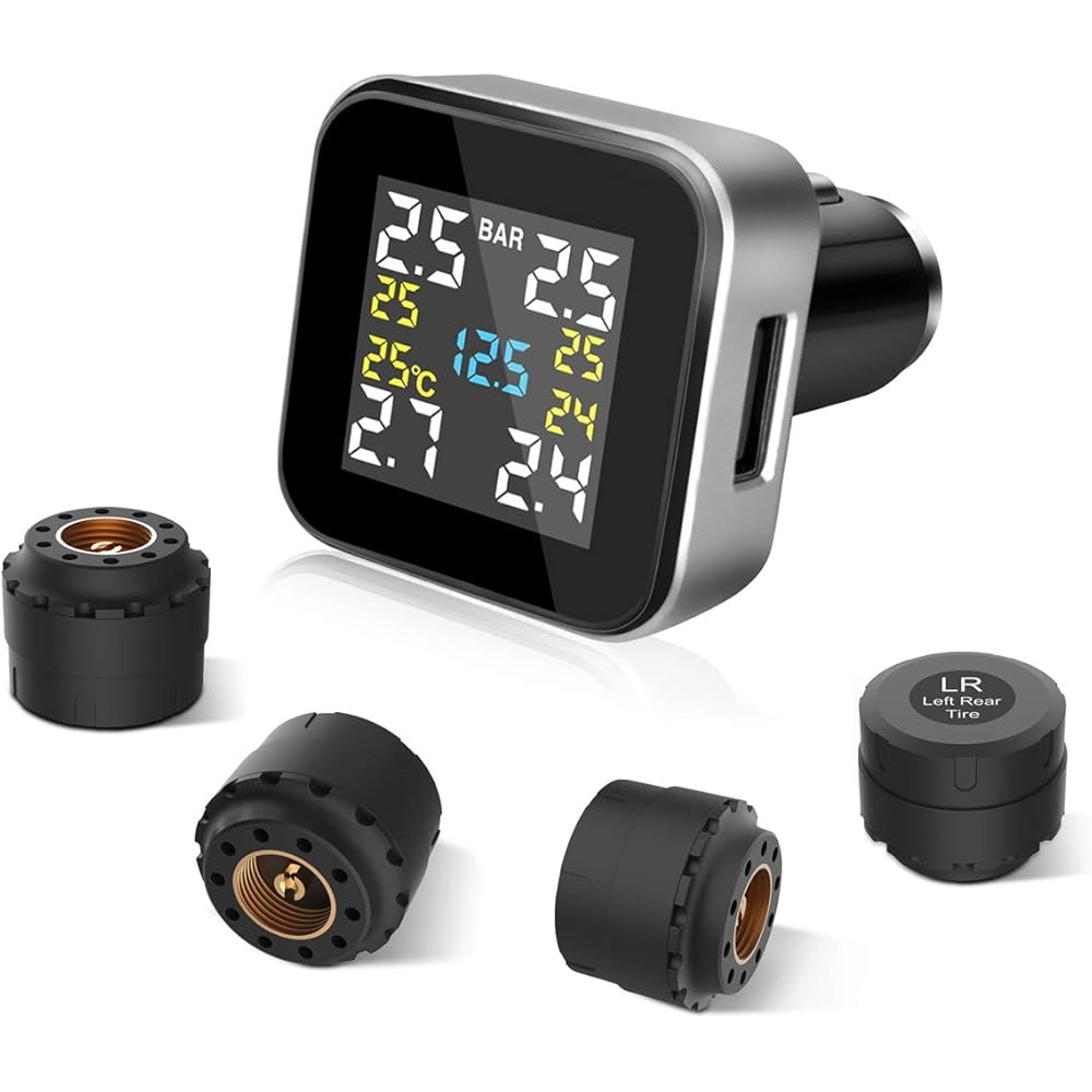 TPMS Wireless Tire Pressure Monitoring System with 4pcs External Sensors (0-6.0 BAR/0-87 PSI) and 2.1A USB Charging Port, Real-time Displays 4 Tires' Pressure, Temperature and Alarm Function