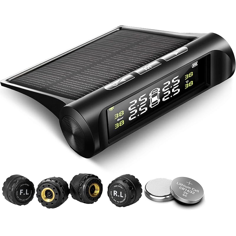 Tire Pressure Monitoring System TPMS Solar Power Universal Wireless with 4 External Sensors Real-time Display 4 Tires' Pressure & Temperature 22-87 PSI [2 More Battery] Pressure Gauge Auto