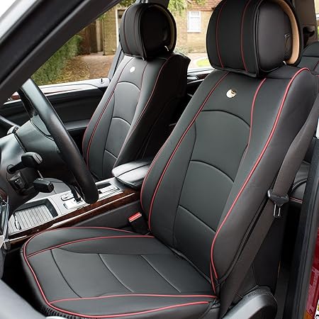 PU205BLACKREDTRIM102 Black PU205102 Ultra Comfort Leatherette Front Seat Cushions (Airbag Compatible) Red Trim