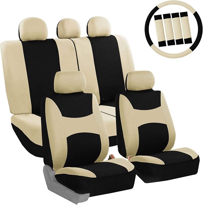 FB030BEIGEBLACK115-COMBO Seat Cover Combo Set with Steering Wheel Cover and Seat Belt Pad (Airbag Compatible and Split Bench Beige/Black)