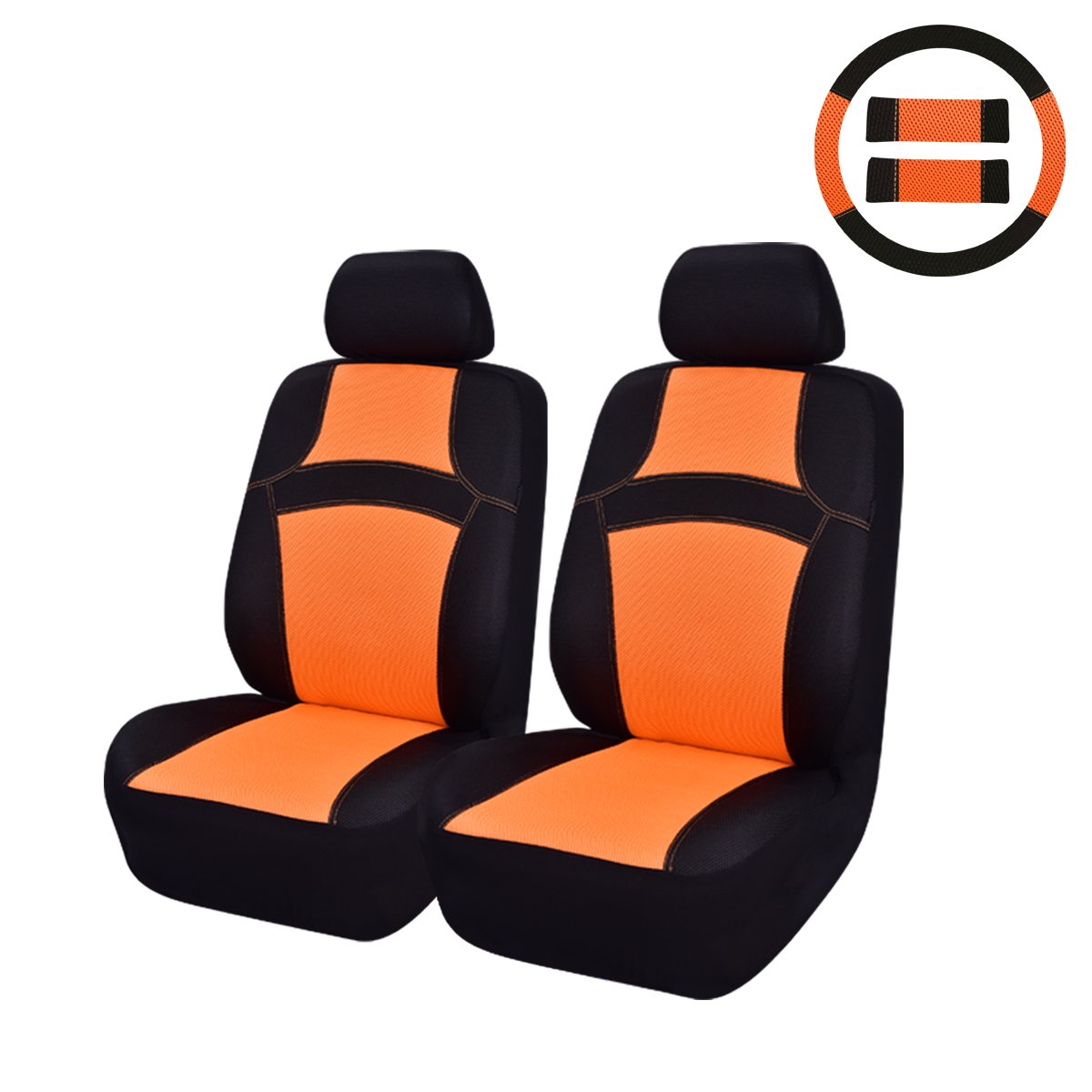 Rainbow Cool Universal Fit Two Front Car Seat Cover -100% Breathable with 5mm Composite Sponge Inside,Airbag Compatible(9PCS, Sport Orange)