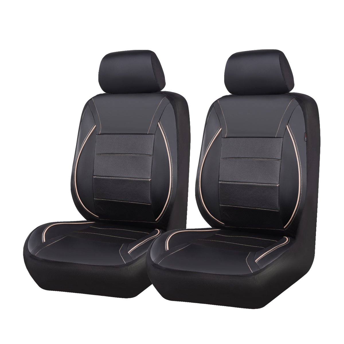 Universal FIT Piping Leather Car Seat Cover, for suvs,Van,Trucks,Airbag Compatible,Reserved Opening Holes for headrest Covers(6PCS, Black and Beige)