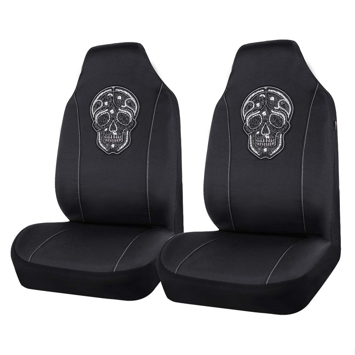 Skull Design Universal Fit Two Front Seat Covers, Airbag Compatible,Elegant Black and White (2PCS)