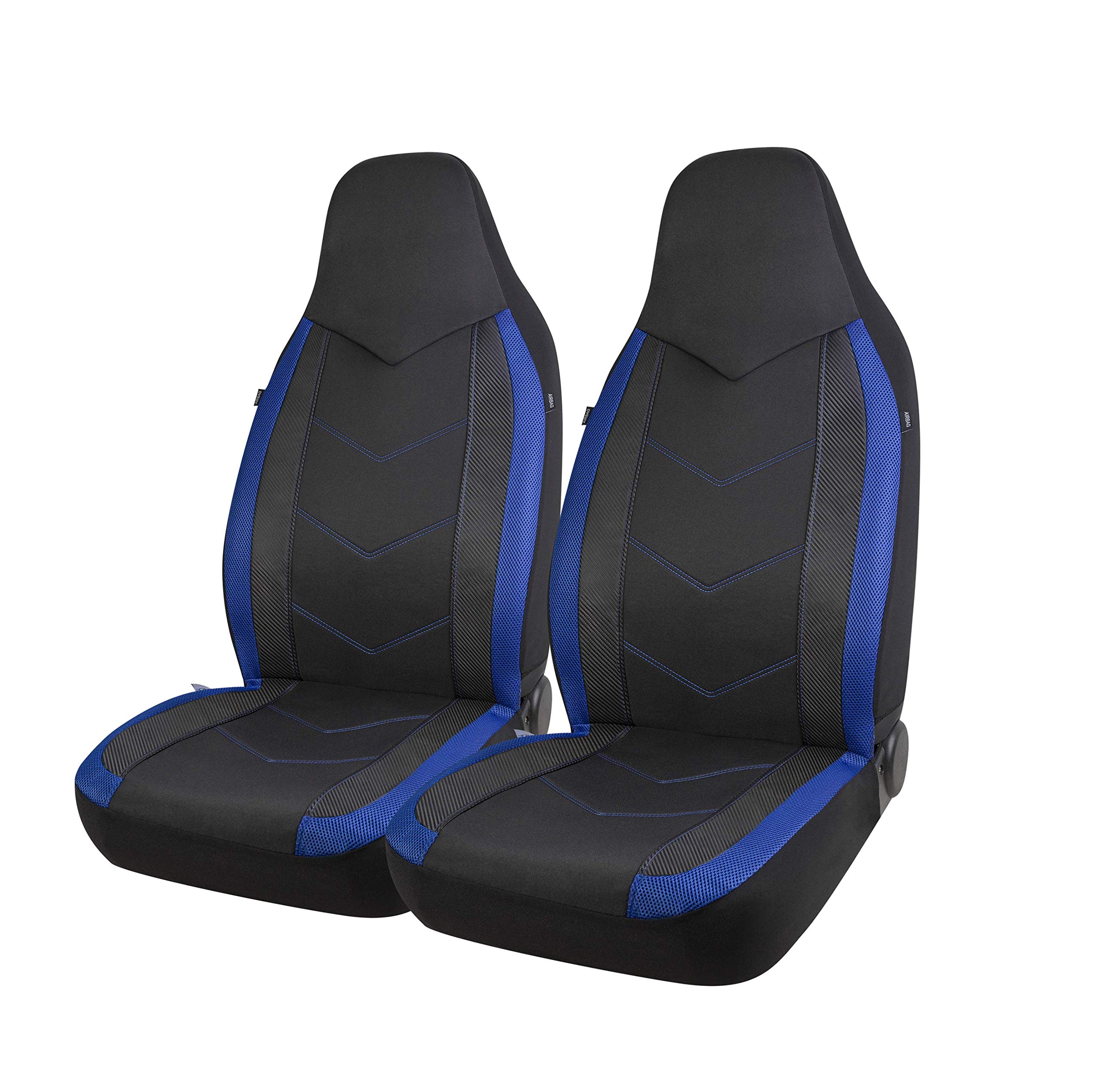 High Back Car Seat Covers - Sports Carbon Fiber Mesh Design, Universal Fit, Airbag Compatible (Blue)