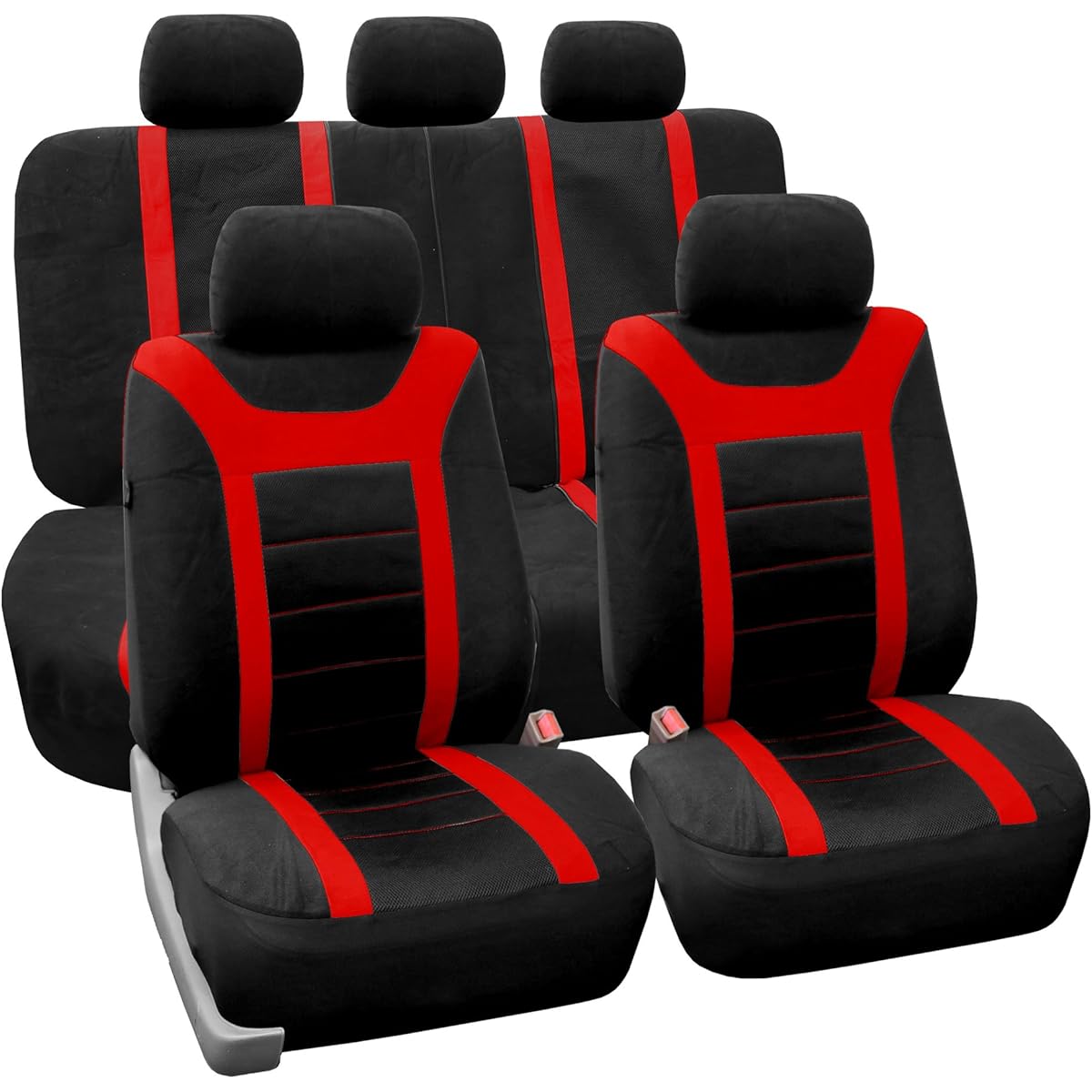 Universal Fit Full Set Sports Fabric Car Seat Cover with Airbag & Split Ready, (Red/Black) (FH-FB070115, Fit Most Car, Truck, SUV, or Van)