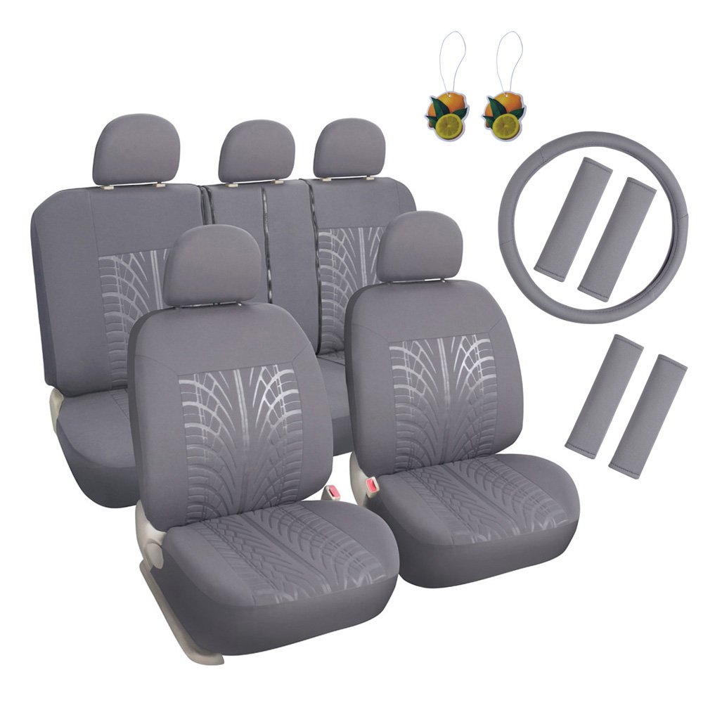 Embossed Cloth Grey 17pcs Car Seat Covers Full Set Front + Rear Universal Fits Trucks SUV with Airbag Steering Wheel Cover/Shoulder Pads