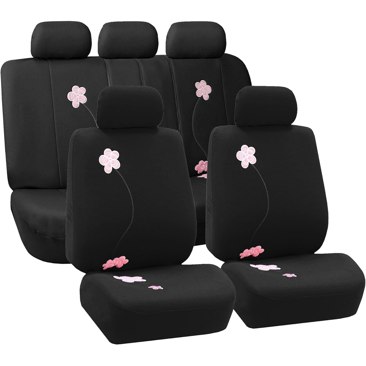 Universal Fit Full Set Floral Embroidery Design Car Seat Cover, (Black) (FH-FB053115, Airbag compatible and Split Bench, Fit Most Car, Truck, Suv, or Van)
