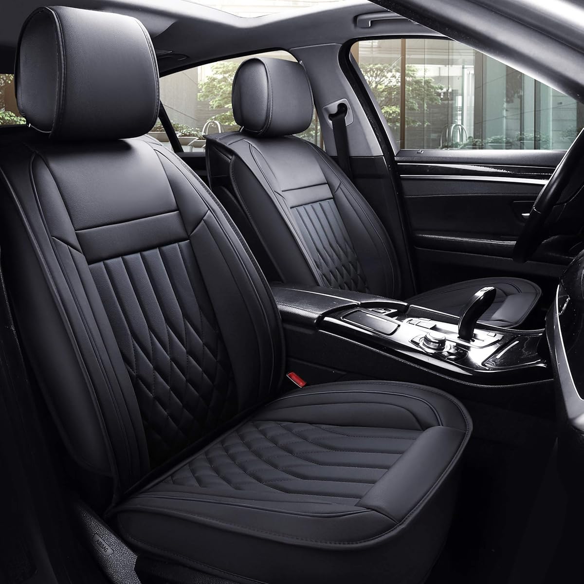 5pcs Car Seat Covers Full Set with Waterproof Leather,Airbag Compatible Automotive Vehicle Cushion Cover Universal fit for Most Cars (Black) …