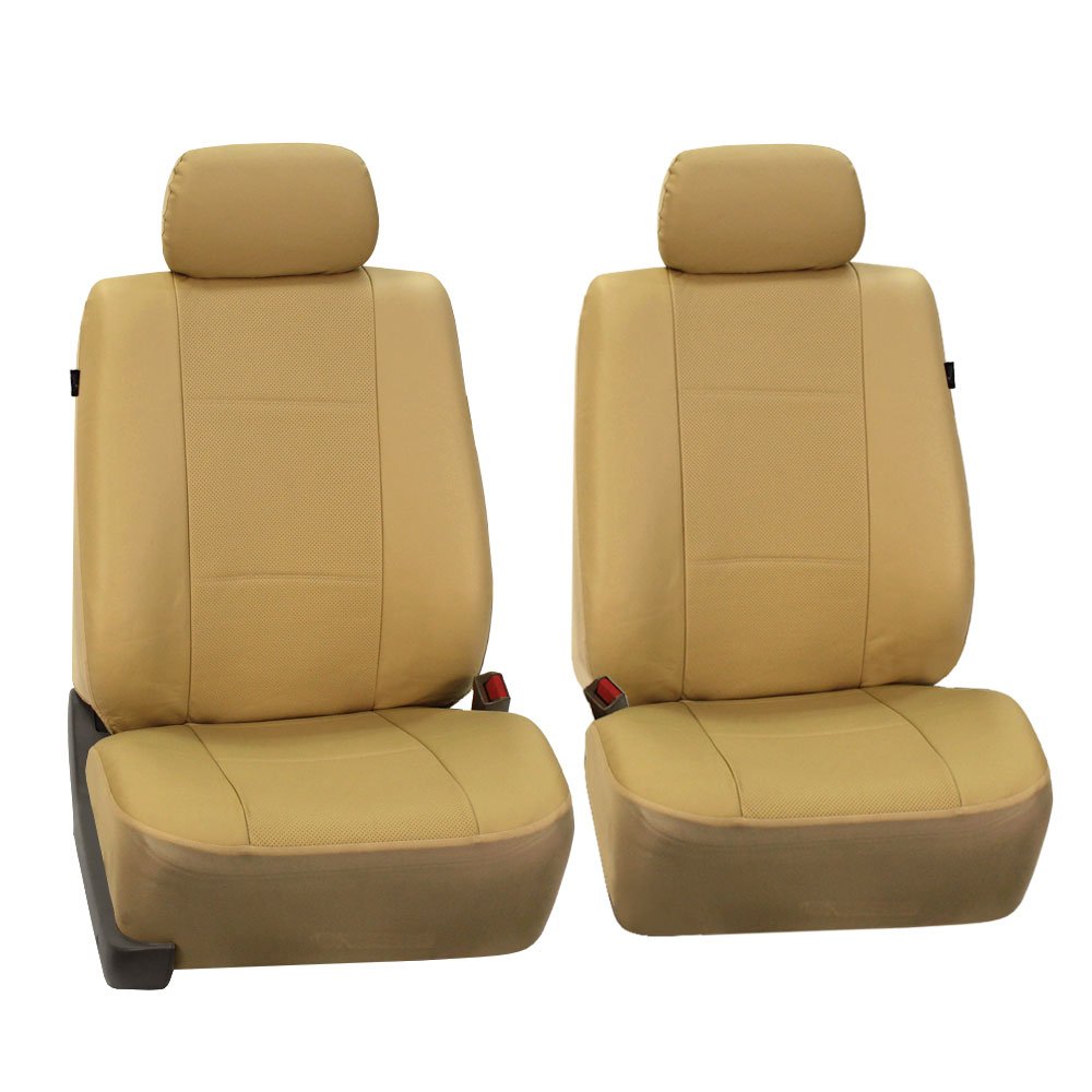 PU007BEIGE102 Beige Deluxe Leatherette Bucket Seat Cover, Set of 2 (Airbag Compatible)