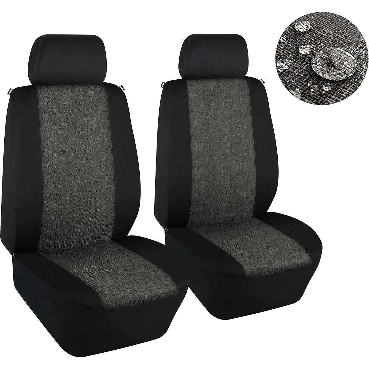 Waterproof?Linen Cloth Front Seat Covers Universal Fit Water Resistant Breathable Bucket Seat Cover Protection Airbag Compatible for Cars SUV Truck, Black and Gray 2 PC