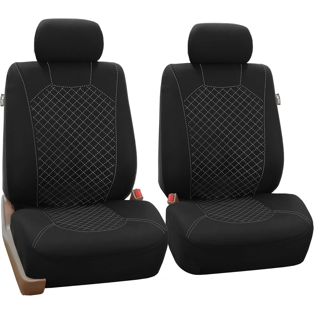 FB066WHITE102 White Fabric Cloth Seat Cover Front with Ornate Diamond Stitching, Set of 2 (Airbag Compatible)