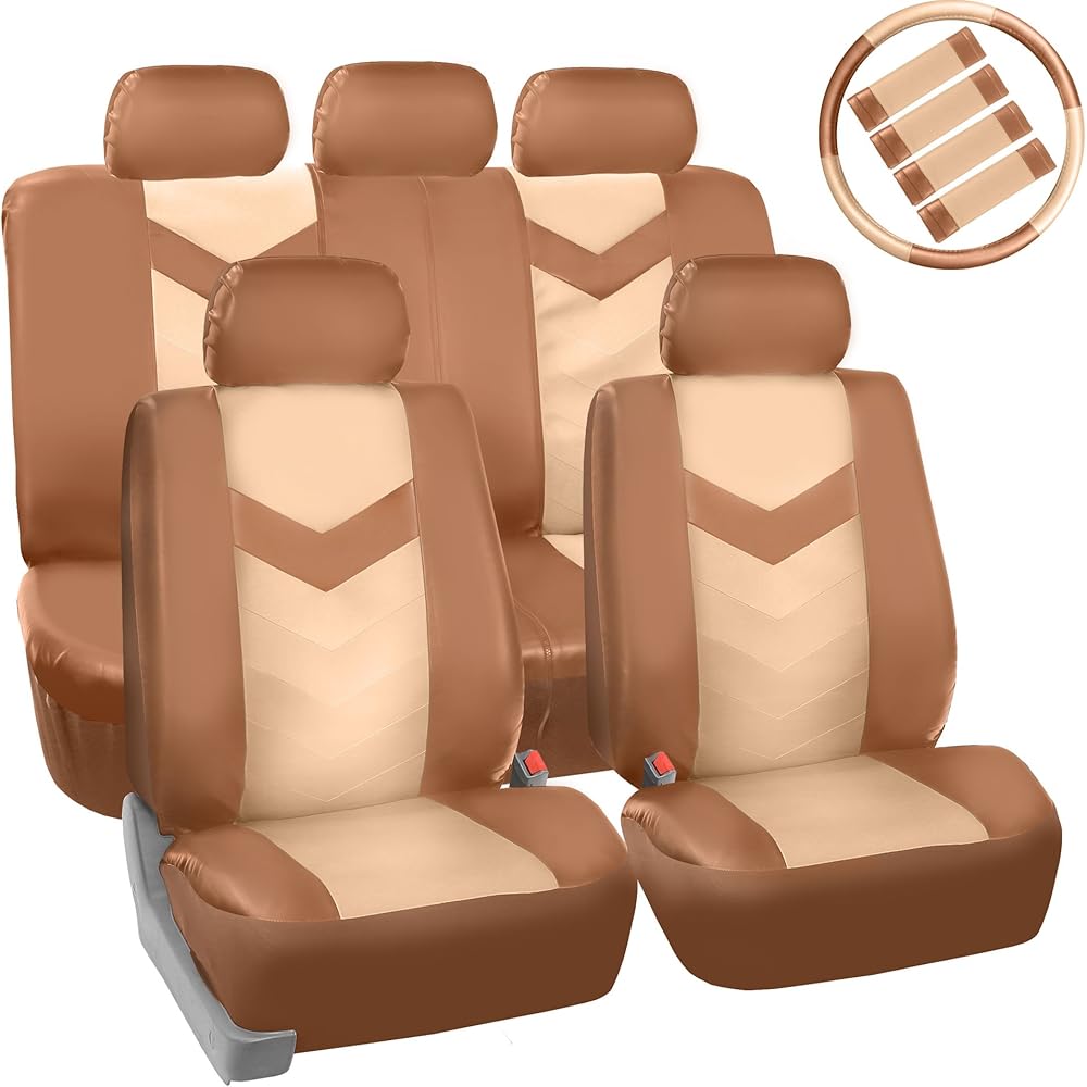 PU021BEIGETAN-COMBO Seat Cover (Premium Synthetic Leather with Accessories Combo Set Airbag Compatible Beige/Tan)