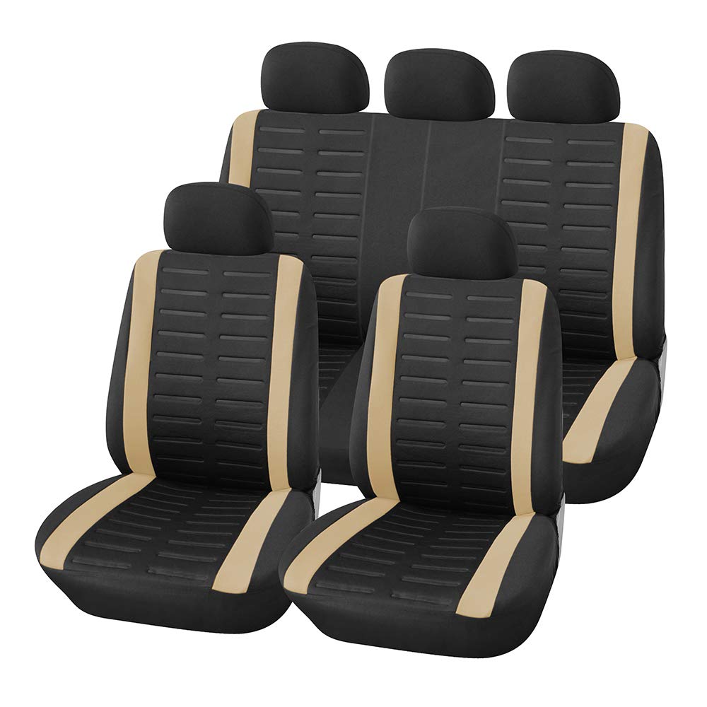 Full Set Car Seat Cover Universal Fit 9 PCS Front Seat Covers & Split Bench Cover Kit Airbag Compatible 3D Embossed Stripe Pattern Car Seat Protector for Auto, Beige and Black