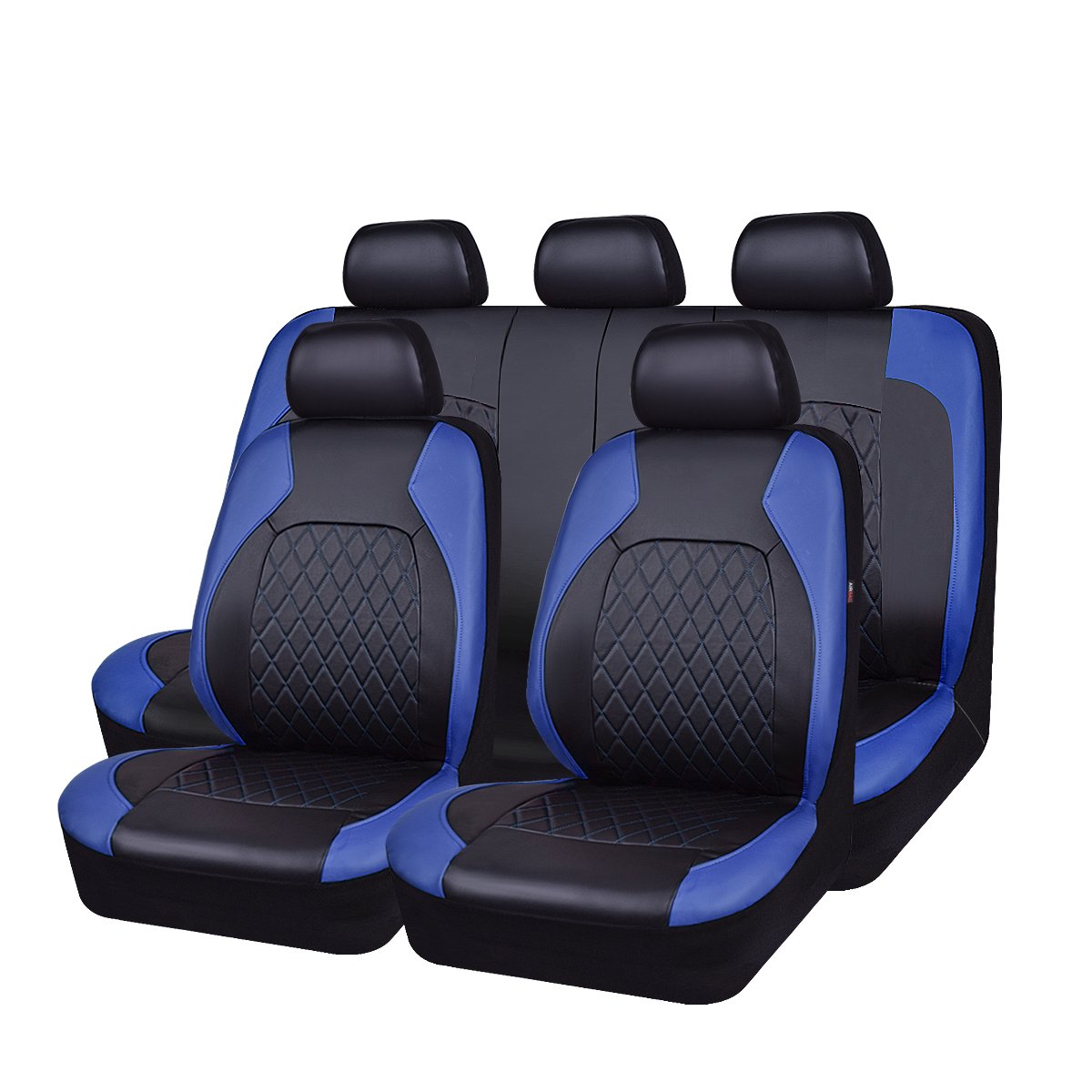 Universal Car Seat Covers Faux Leather Full Seat 11 pcs Airbag Compatible Breathable (Black with Blue)