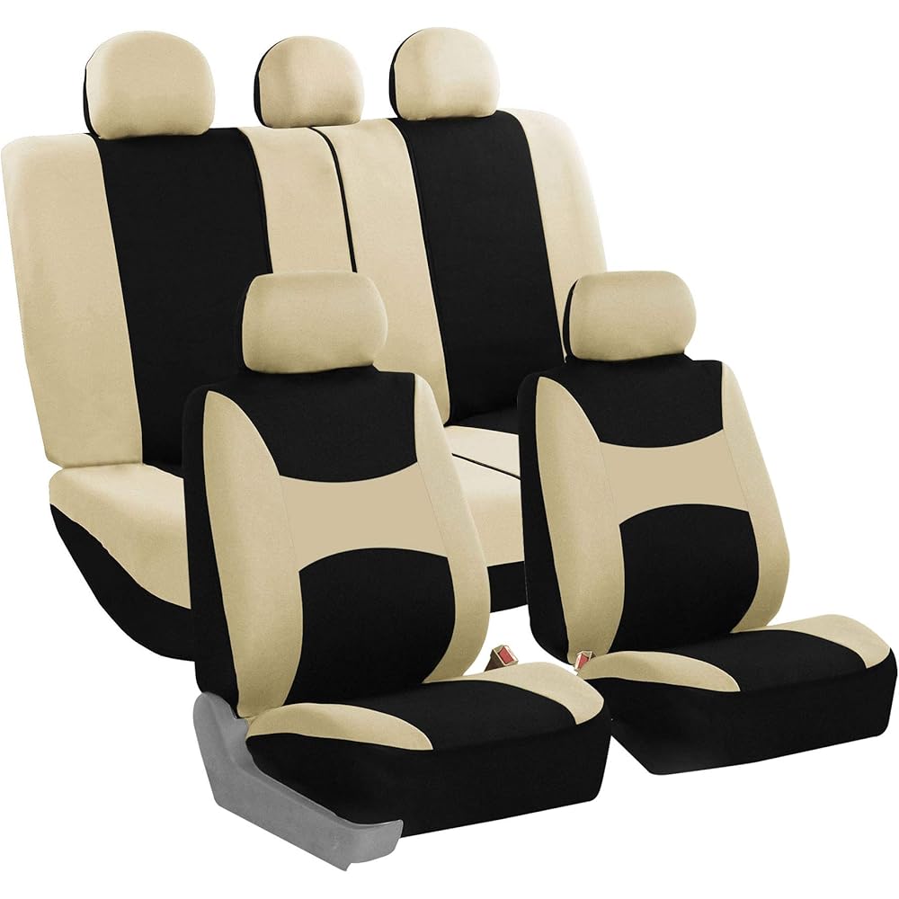 FB030115 Light & Breezy Flat Cloth Full Set Car Seat Covers Set, Airbag & Split Ready w. Gift, Beige/Black- Fit Most Car, Truck, SUV, or Van