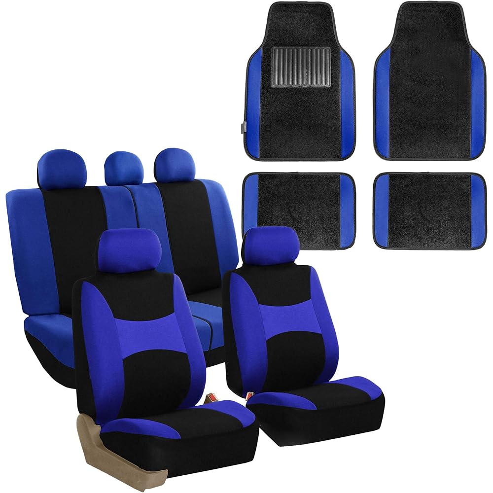 FH-FB030115 Light & Breezy Cloth Seat Cover Set Airbag & Split Ready with Premium Carpet Floor Mats Blue/Black - Fit Most Car, Truck, SUV, or Van