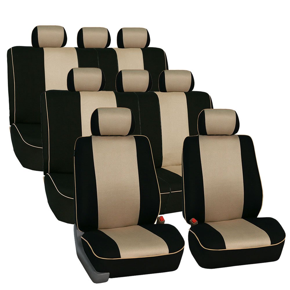 FH-FB063128 Three Row Cloth Car Seat Covers with Piping Airbag & Split Ready Beige/Black- Fit Most Car, Truck, SUV, or Van