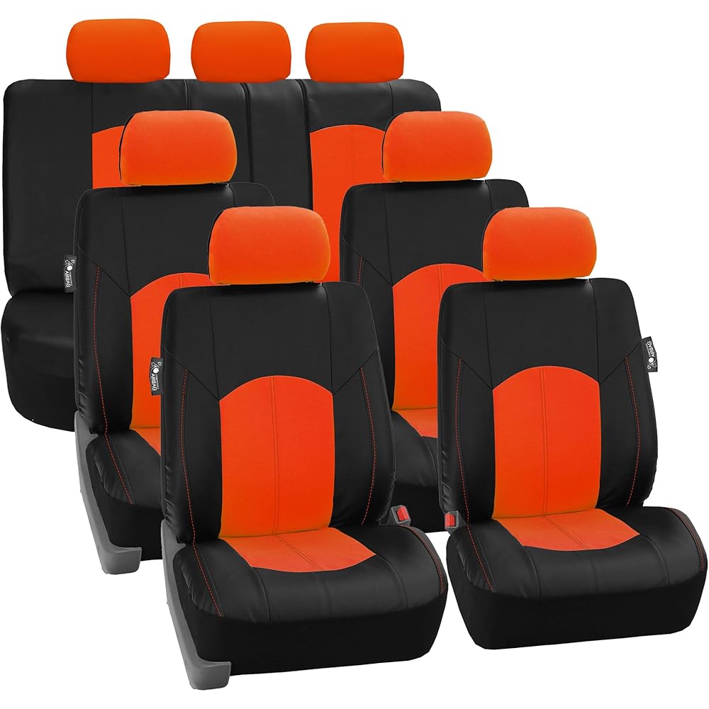 FH-PU008217 Perforated Leatherette Three Row Set Car Seat Covers, Airbag Compatible and Split Ready, Orange/Black Color - Fit Most Car, Truck, SUV, or Van