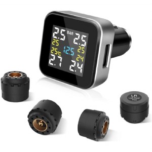 TPMS Wireless Tire Pressure Monitoring System with 4pcs External Sensors (0-6.0 BAR/0-87 PSI) and 2.1A USB Charging Port, Real-time Displays 4 Tires' Pressure, Temperature and Alarm Function