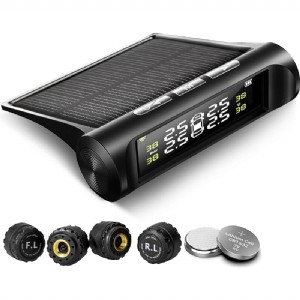 Tire Pressure Monitoring System TPMS Solar Power Universal Wireless with 4 External Sensors Real-time Display 4 Tires' Pressure & Temperature 22-87 PSI [2 More Battery] Pressure Gauge Auto
