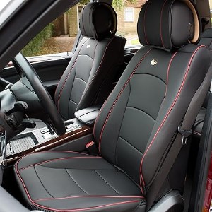 PU205BLACKREDTRIM102 Black PU205102 Ultra Comfort Leatherette Front Seat Cushions (Airbag Compatible) Red Trim