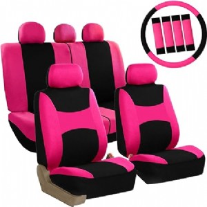 FB030PINK-COMBO Seat Cover Combo Set with Steering Wheel Cover and Seat Belt Pad (Airbag Compatible and Split Bench Pink)