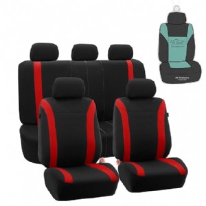 FB054115 Black Cosmopolitan Flat Cloth Full Set Car Seat Covers, (Airbag Compatible & Split Bench) w Gift, Solid Black Color -Fit Most Car, Truck, SUV, or Van