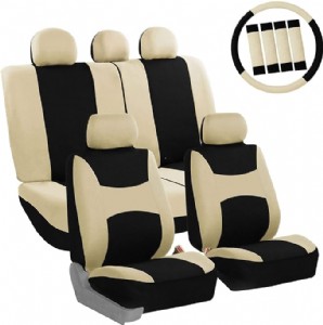 FB030BEIGEBLACK115-COMBO Seat Cover Combo Set with Steering Wheel Cover and Seat Belt Pad (Airbag Compatible and Split Bench Beige/Black)