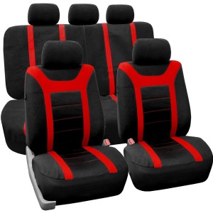 Universal Fit Full Set Sports Fabric Car Seat Cover with Airbag & Split Ready, (Red/Black) (FH-FB070115, Fit Most Car, Truck, SUV, or Van)
