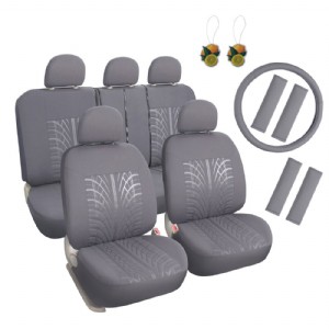 Embossed Cloth Grey 17pcs Car Seat Covers Full Set Front + Rear Universal Fits Trucks SUV with Airbag Steering Wheel Cover/Shoulder Pads