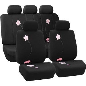 Universal Fit Full Set Floral Embroidery Design Car Seat Cover, (Black) (FH-FB053115, Airbag compatible and Split Bench, Fit Most Car, Truck, Suv, or Van)