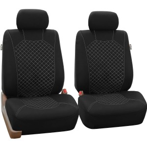 FB066WHITE102 White Fabric Cloth Seat Cover Front with Ornate Diamond Stitching, Set of 2 (Airbag Compatible)