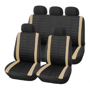 Full Set Car Seat Cover Universal Fit 9 PCS Front Seat Covers & Split Bench Cover Kit Airbag Compatible 3D Embossed Stripe Pattern Car Seat Protector for Auto, Beige and Black