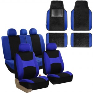 FH-FB030115 Light & Breezy Cloth Seat Cover Set Airbag & Split Ready with Premium Carpet Floor Mats Blue/Black - Fit Most Car, Truck, SUV, or Van
