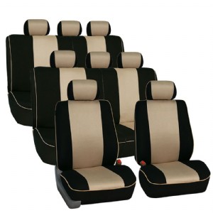 FH-FB063128 Three Row Cloth Car Seat Covers with Piping Airbag & Split Ready Beige/Black- Fit Most Car, Truck, SUV, or Van